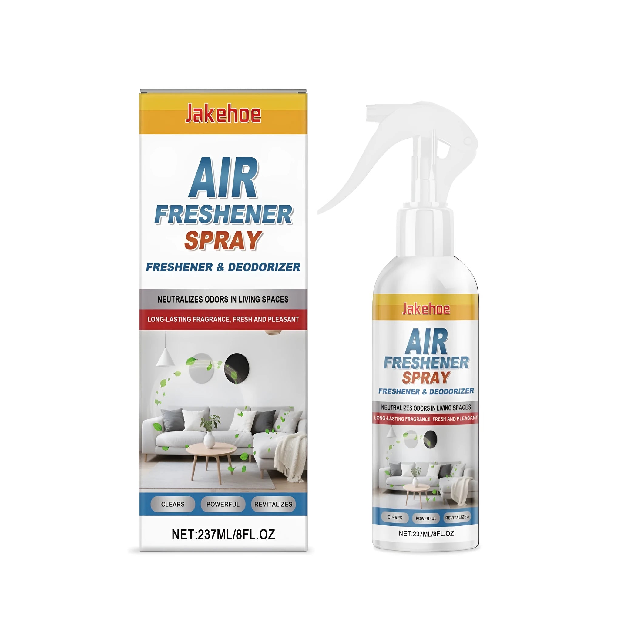 237ml bottle of clear air freshener spray with a black spray pump on a white background