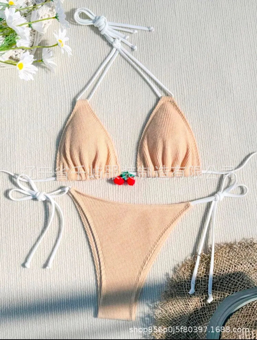 Women's bikini swimsuit set in a briefs style, shown in one of five solid colours: apricot, matcha, orange, pink, or white.