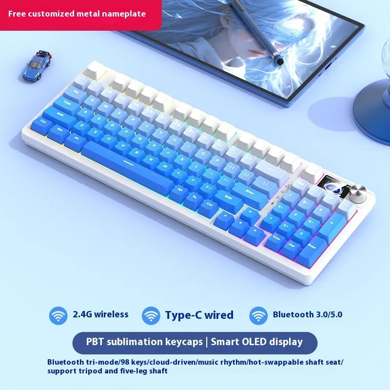 98-key wireless Bluetooth mechanical keyboard kit with metal knob on desk