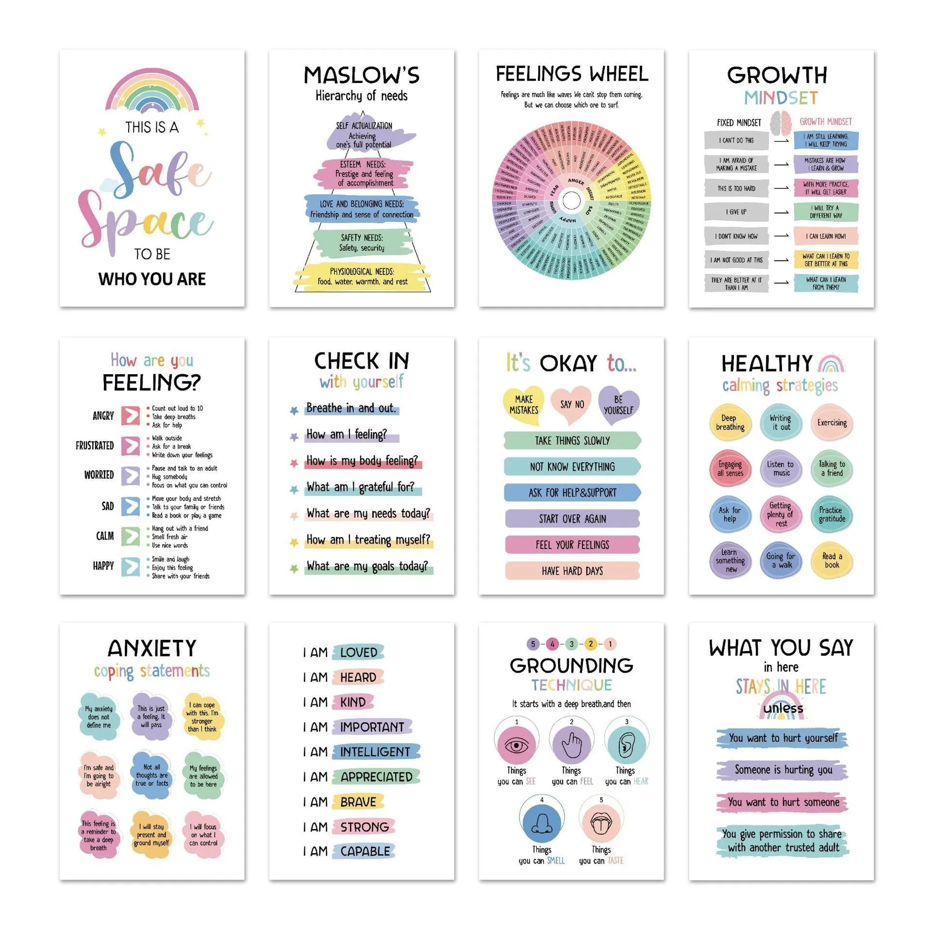 Twelve mental health posters on coated paper with bright film finish, 255x355mm size