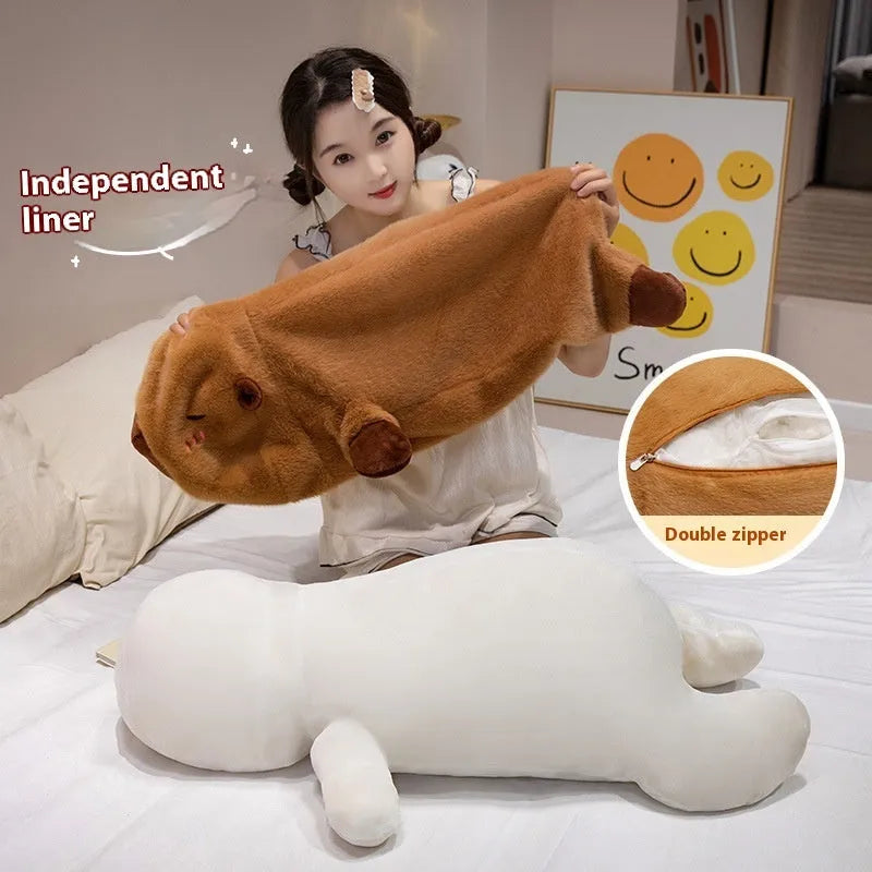 Brown lying style capybara plush toy made of short plush with PP cotton filling, available in 60cm, 80cm, and 1m sizes.