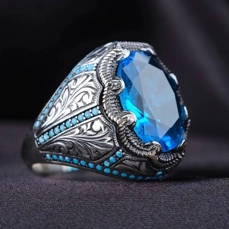 Grandmother Blue Zircon geometric couple ring in antique silver on alloy band.