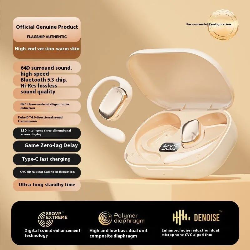 Ear-mounted wireless headphones with digital display screen in black colour