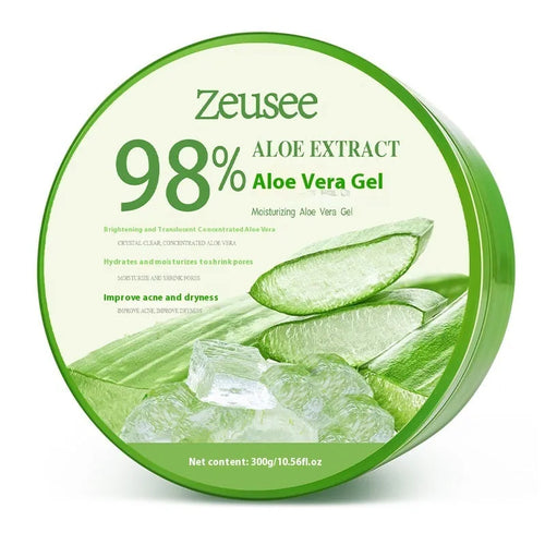 Jar of aloe vera gel for acne control and hydration with a small application spoon on a white background