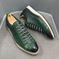 Men's low-top black lace-up shoes with an embossed pattern on the upper, featuring a white PU insole.