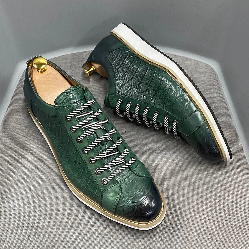 Men's low-top black lace-up shoes with an embossed pattern on the upper, featuring a white PU insole.