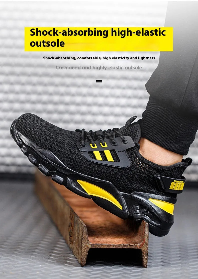Men's safety work shoes with Flyknit upper and steel toe cap in black, grey and yellow colour options