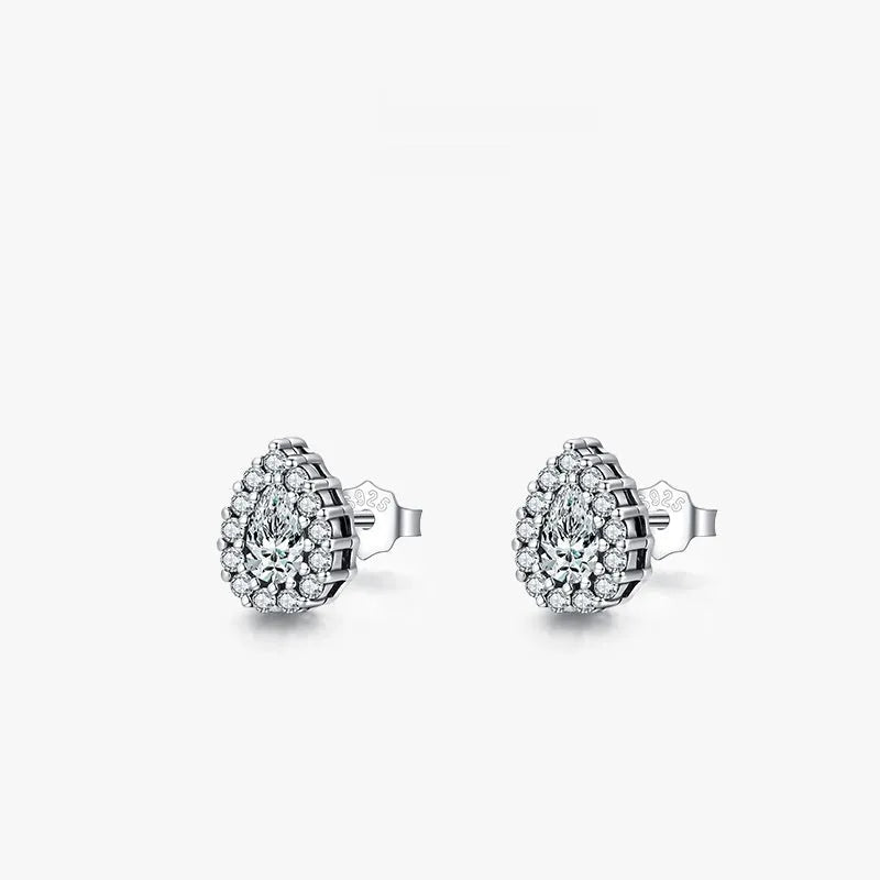 A pair of silver water drop shaped ear studs made from 925 sterling silver.