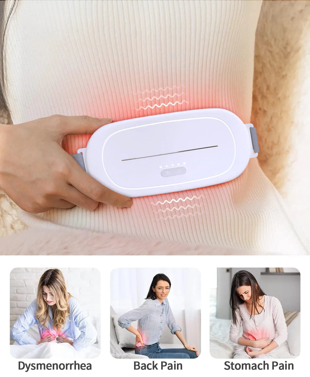White single-use uterine warming adhesive device with battery for lower abdomen heat therapy.