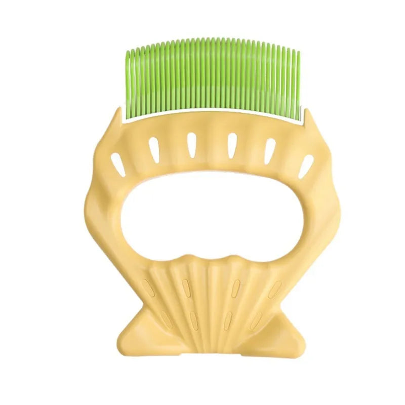 Green shell-shaped plastic pet grooming brush with bent wire bristles and anti-slip handle on a white background.