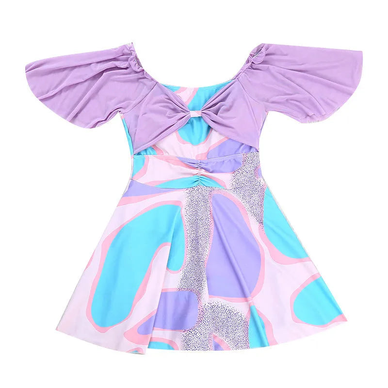 Women's high waist one-piece swimsuit with floral pattern in light purple or light blue