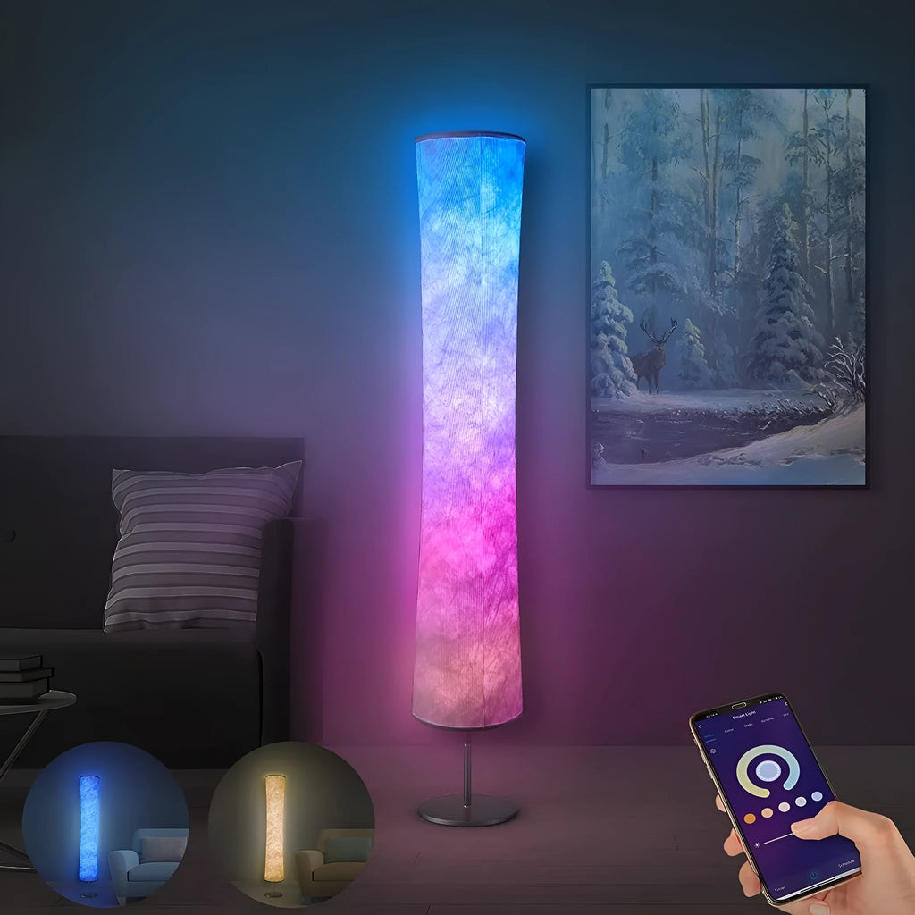 RGB fabric circular atmosphere floor lamp with remote control and 90 LED beads in a living room setting
