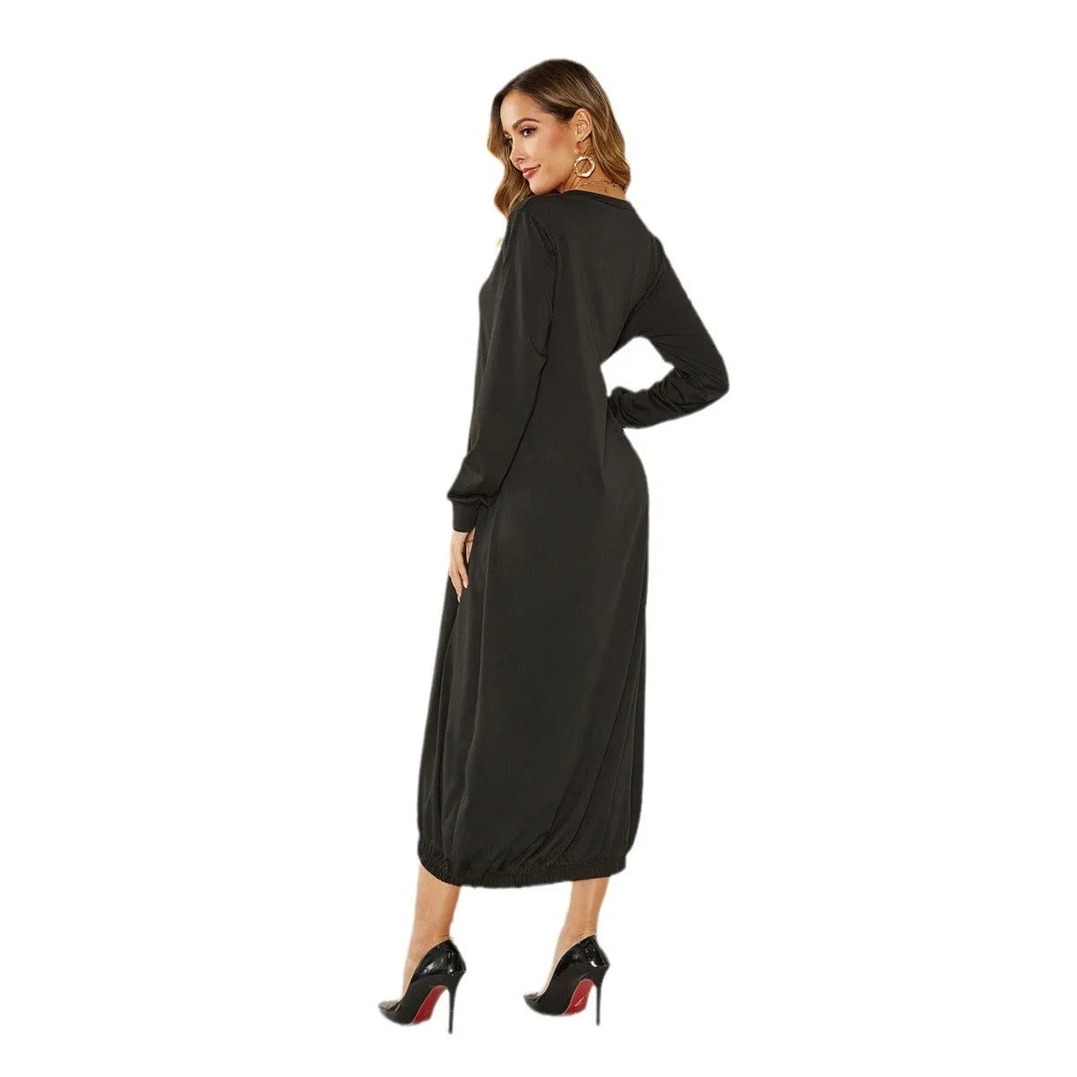 Black loose lantern dress with lace-up crew neck and elastic waist.