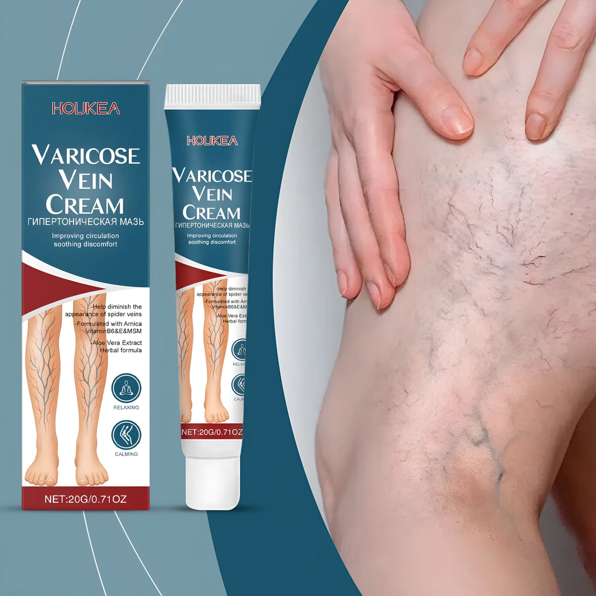 20g tube of leg massage cream containing mint leaves, arnica, witch hazel, vitamin B6 and aloe leaves