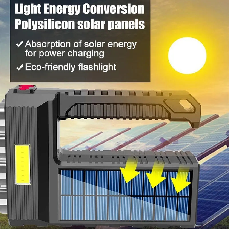 Solar rechargeable USB LED flashlight aluminium alloy 8 heads side light COB life-grade waterproof