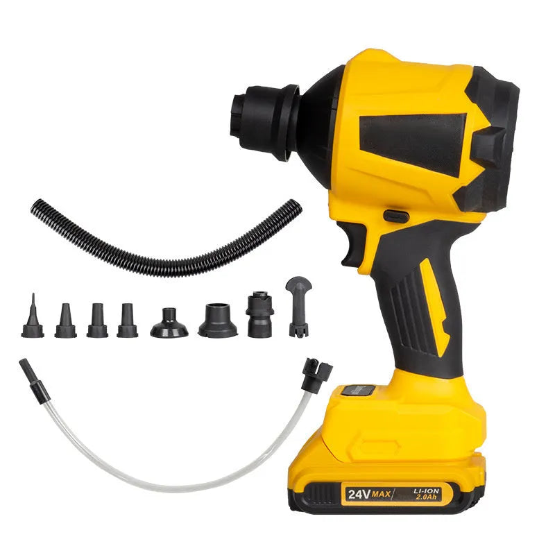 Yellow lithium battery powered dust gun with nozzle for portable cordless cleaning