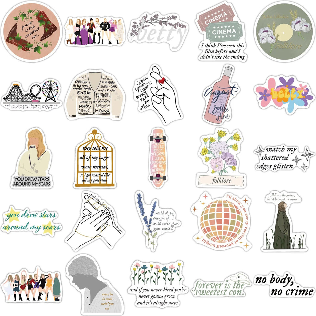Pack of 50 graffiti colour cartoon waterproof stickers sized 4-6 cm for luggage and notebooks.
