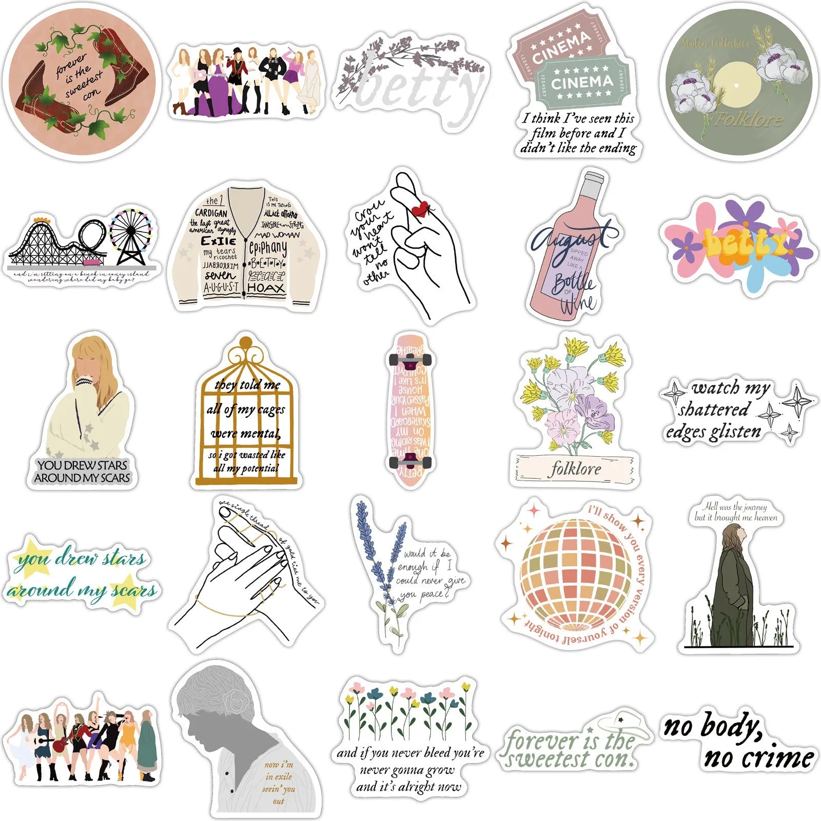 Pack of 50 graffiti colour cartoon waterproof stickers sized 4-6 cm for luggage and notebooks.
