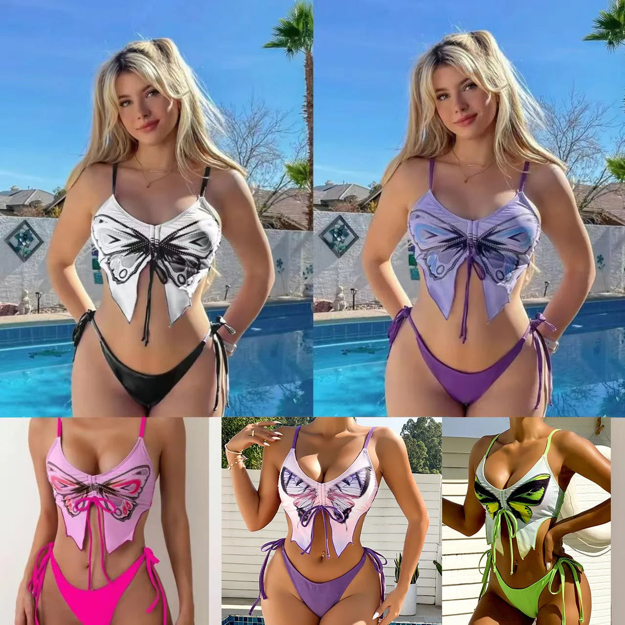 Women's purple bikini set with sleeveless top and split briefs in bow ins style