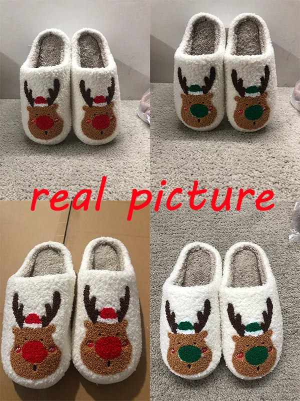 Christmas elk plush house slippers in red and green with anti-slip sole and artificial wool lining