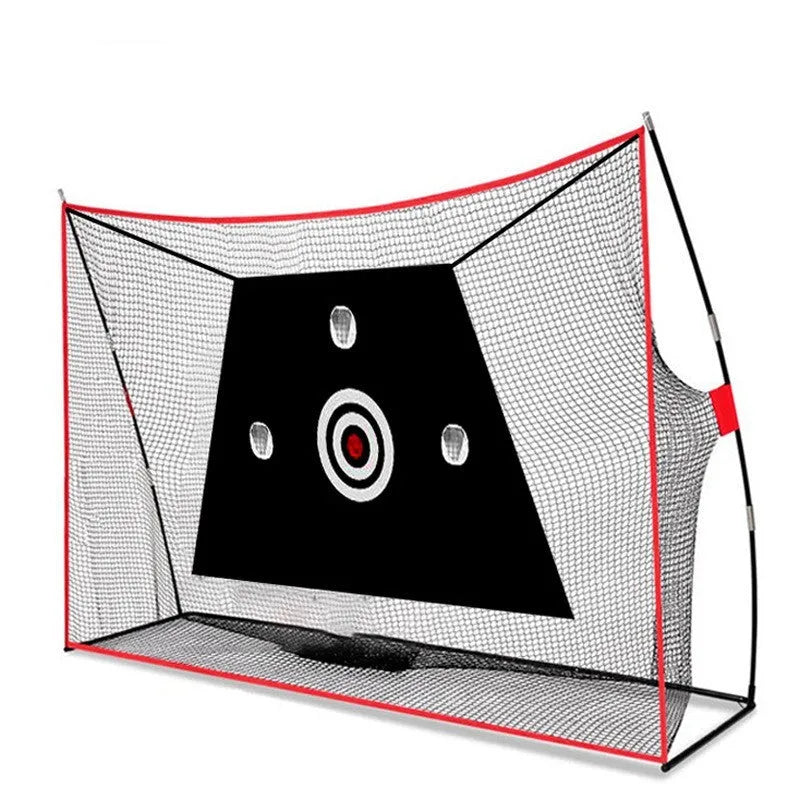 Golf swing wedge training net with 3-hole cross target, straw hitting mat, practice balls and tees