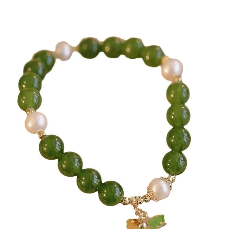 Natural green chalcedony geometric bracelet with round design elements for women