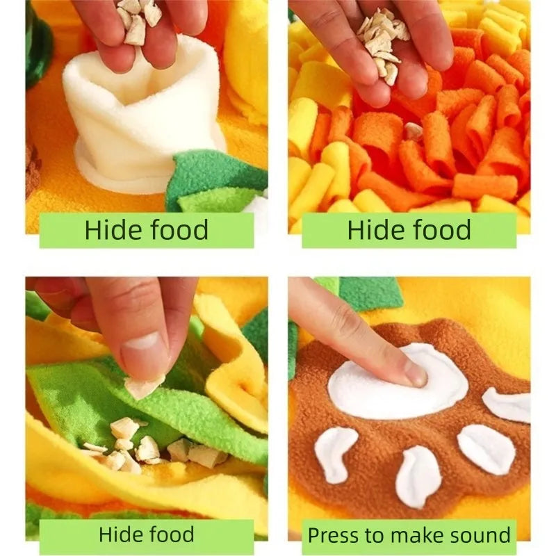 Sunflower design snuffle mat for dogs with hiding pockets and paw-shaped detail on a non-slip base
