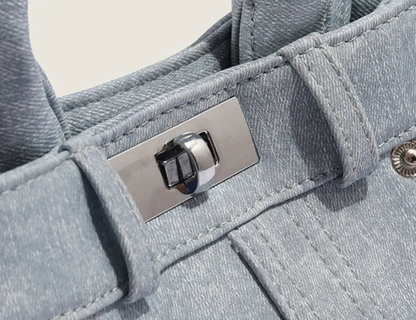 Women's soft PU commuter shoulder bag in denim blue or white with standard size and polyester lining