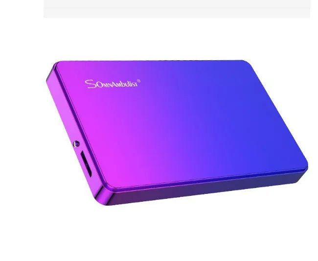 Purple portable external hard disk with USB cable and leather bag