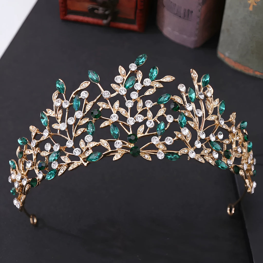 Vintage rhinestone crown headdress in alloy, 15 x 6.5cm, with green phantom quartz crystal and electroplated finish.