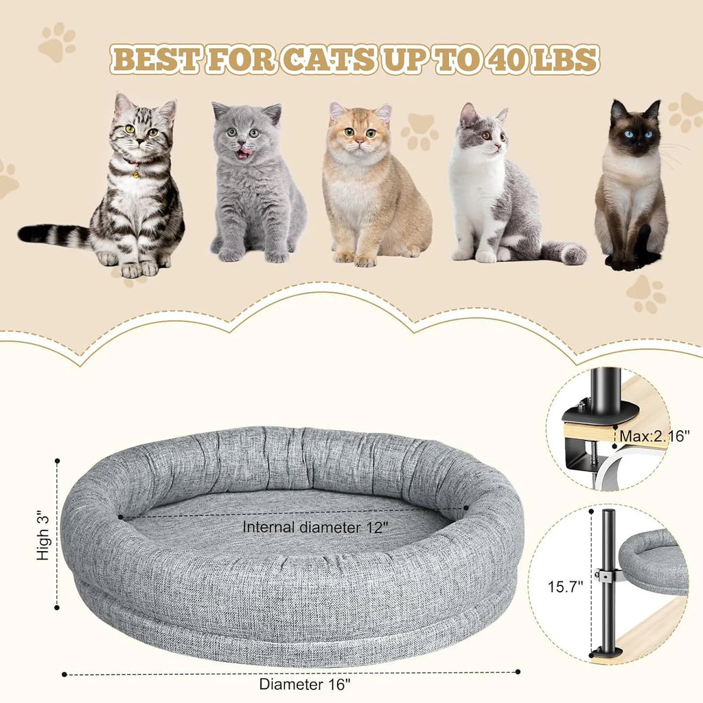 Round cloth cat nest bed in grey or brown with rotating base and adjustable height