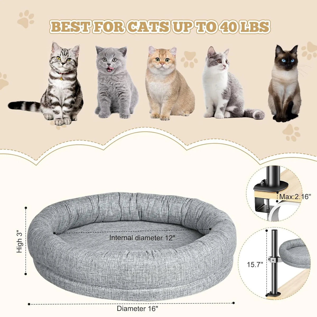 Round cloth cat nest bed in grey or brown with rotating base and adjustable height