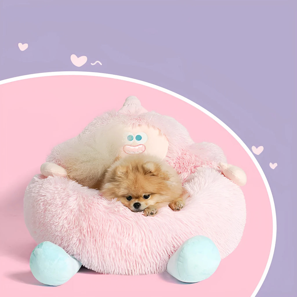 Grey plush circular pet nest bed with high walls for cats and dogs