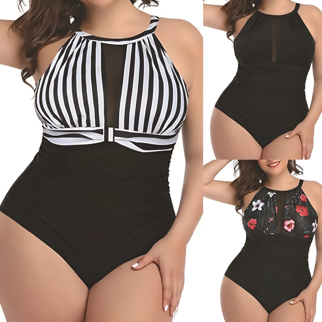 Women's solid colour one-piece swimsuit in polyester lace, shown in Black, Stripes, and Red Flower patterns.
