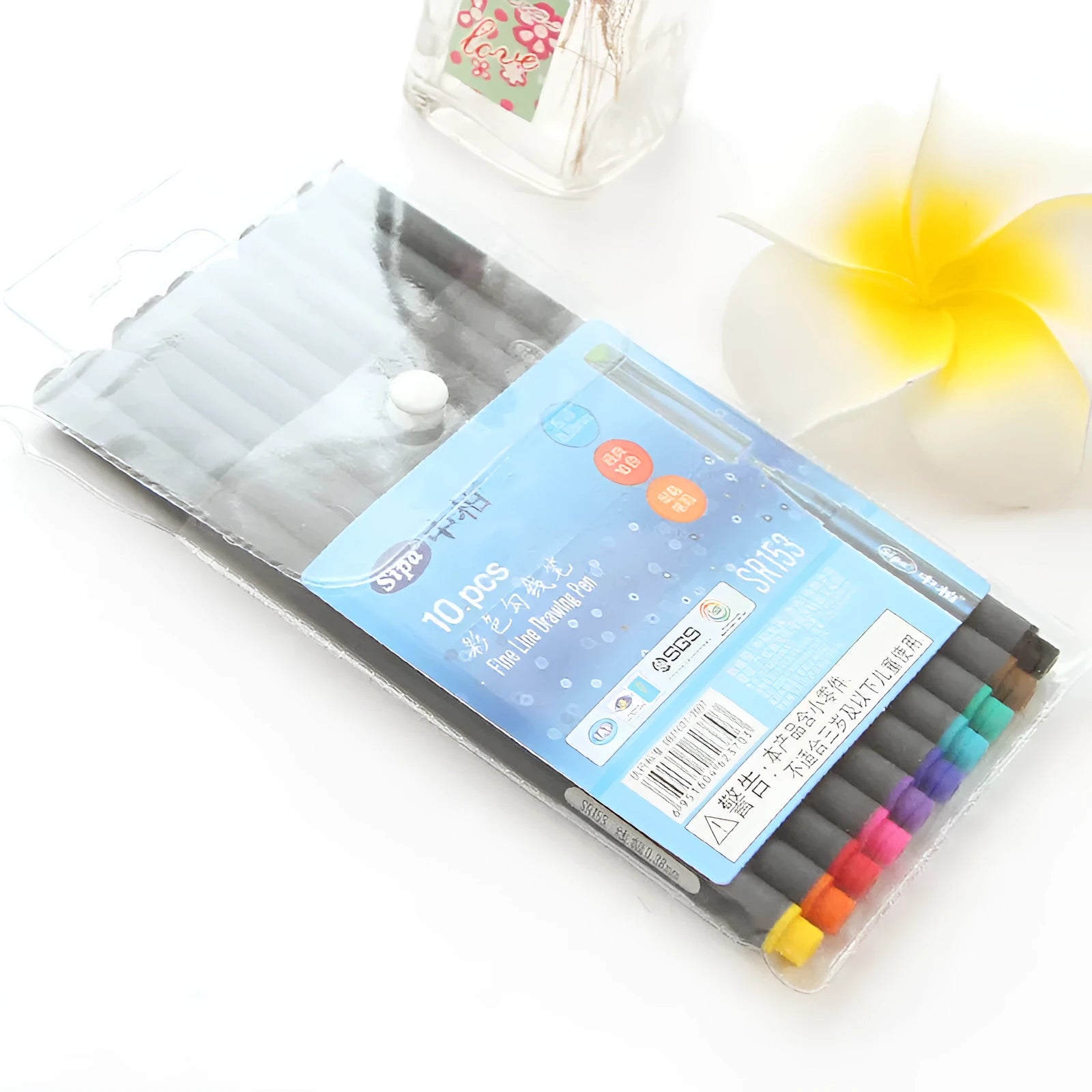 Pack of ten black hook line pens with 0.38mm syringe tips for technical drawing.