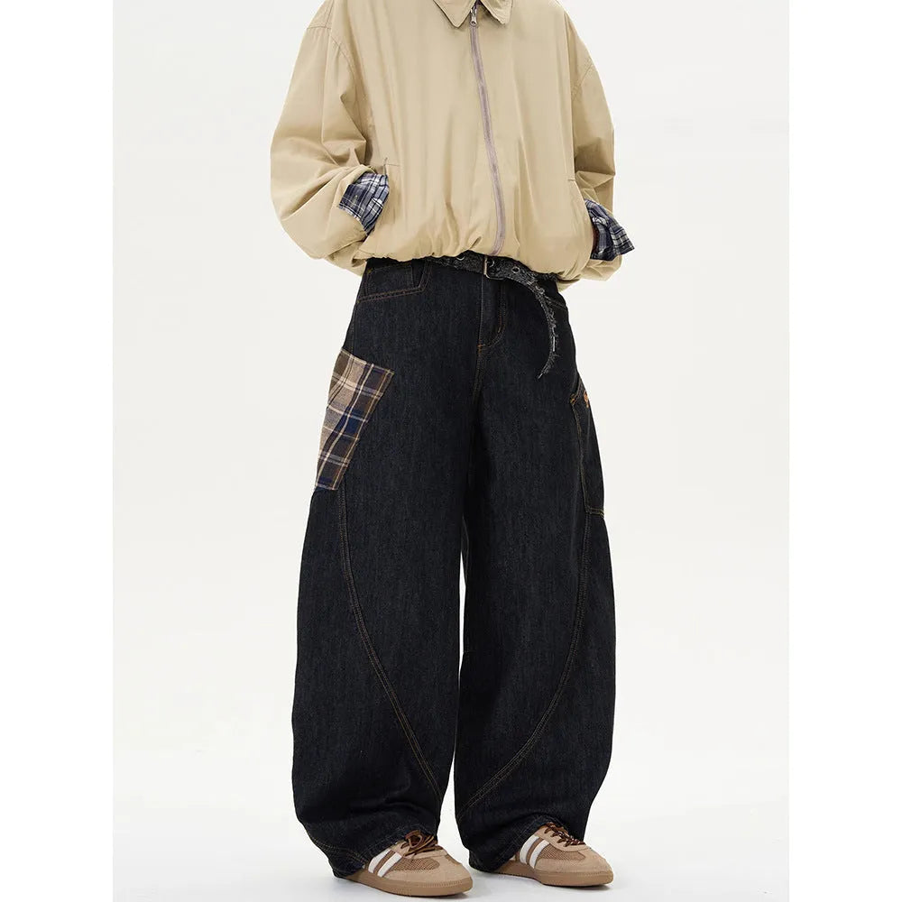 Cotton loose straight-leg trousers in plaid pattern showing mid waist and casual styling