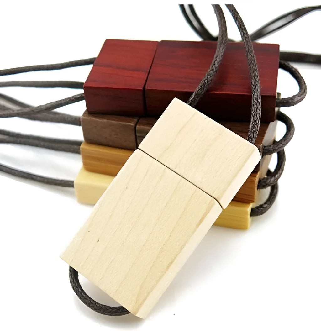 Lanyard wooden USB flash drive with solid wood shell in walnut finish on white background