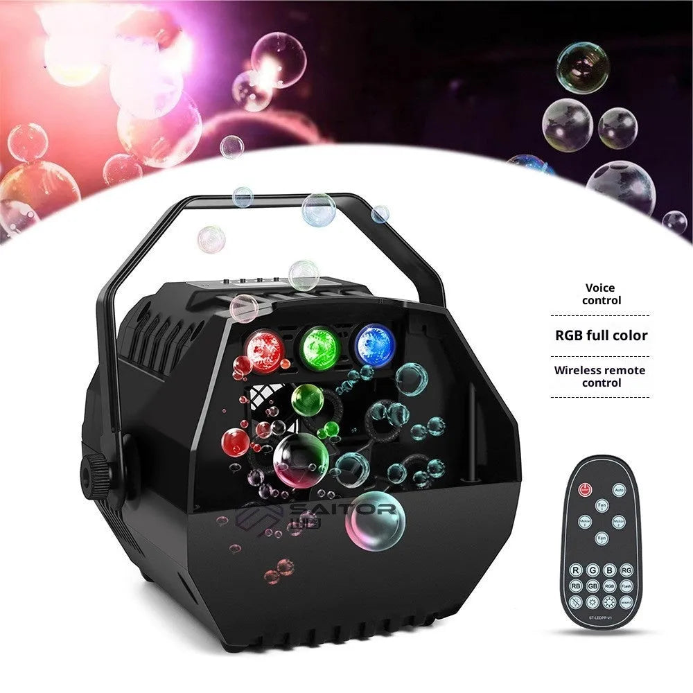 Mini plastic bubble machine with LED lights and US power cord on a table