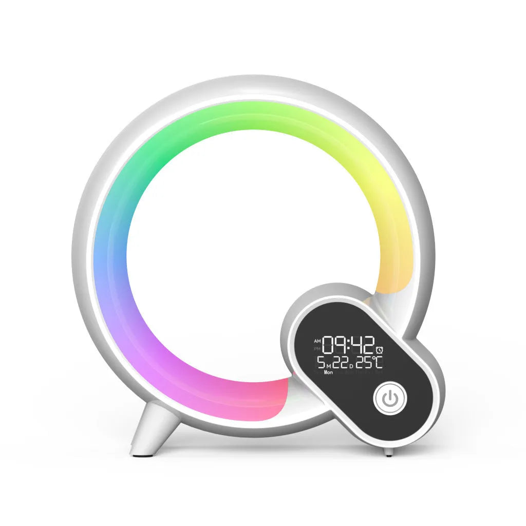 Creative Q modern digital alarm clock with colourful LED light ring in black or white finish.
