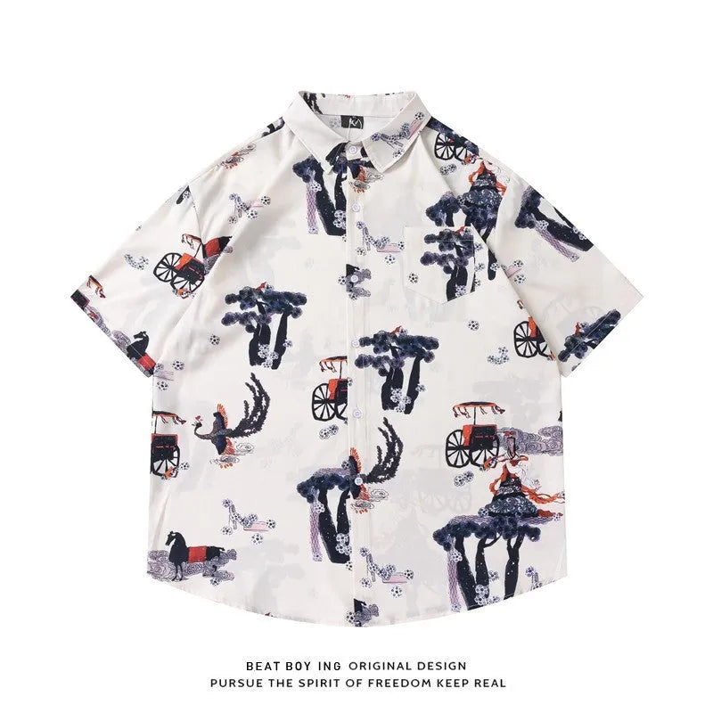 Man's loose fit short sleeve shirt with all-over floral print in a cardigan style.