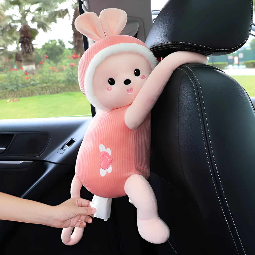Plush car seat back-mounted tissue box holder with elastic strap in animal design