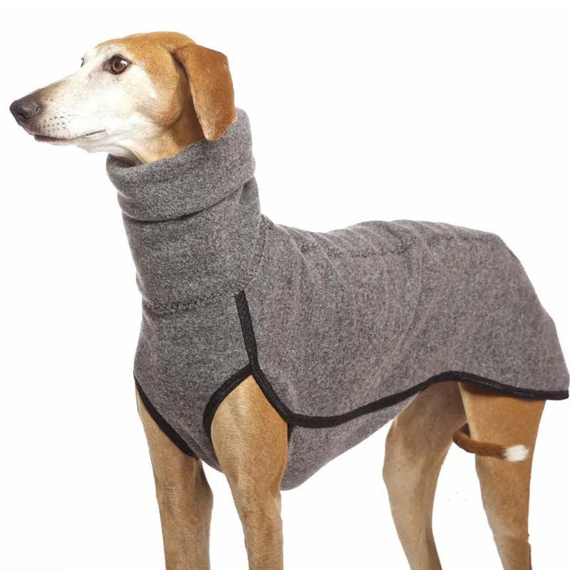Warm high-collar dog coat in bunny fleece, available in multiple colours including black, brown, and army green, sizes S to XXXXXL