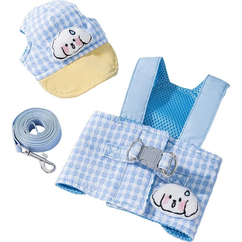 Blue puppy three-piece set including sunshade hat, anti-strangulation chest strap, and hand-holding rope made of bubble cotton