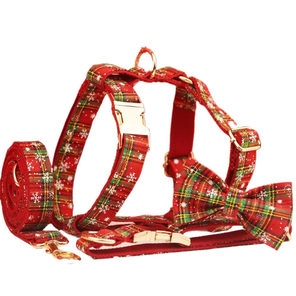 Red snowflake Christmas dog collar and leash set with plaid pattern four-piece holiday pet clothing
