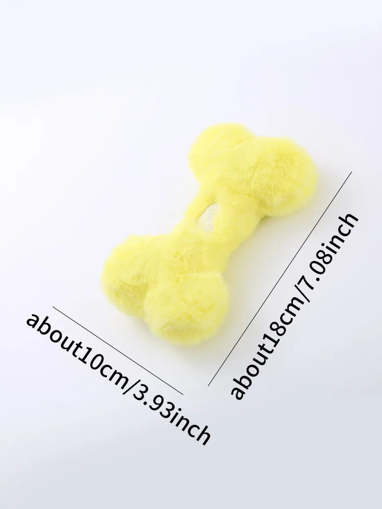 Cute plush love bone dog toy with a squeaker in blue, pink, and yellow colours.