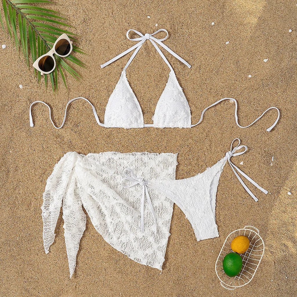 White women's split bikini swimsuit with mesh halter neck, three-piece set with suspenders, trunks, and apron, sizes S M L