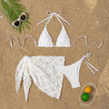 White women's split bikini swimsuit with mesh halter neck, three-piece set with suspenders, trunks, and apron, sizes S M L