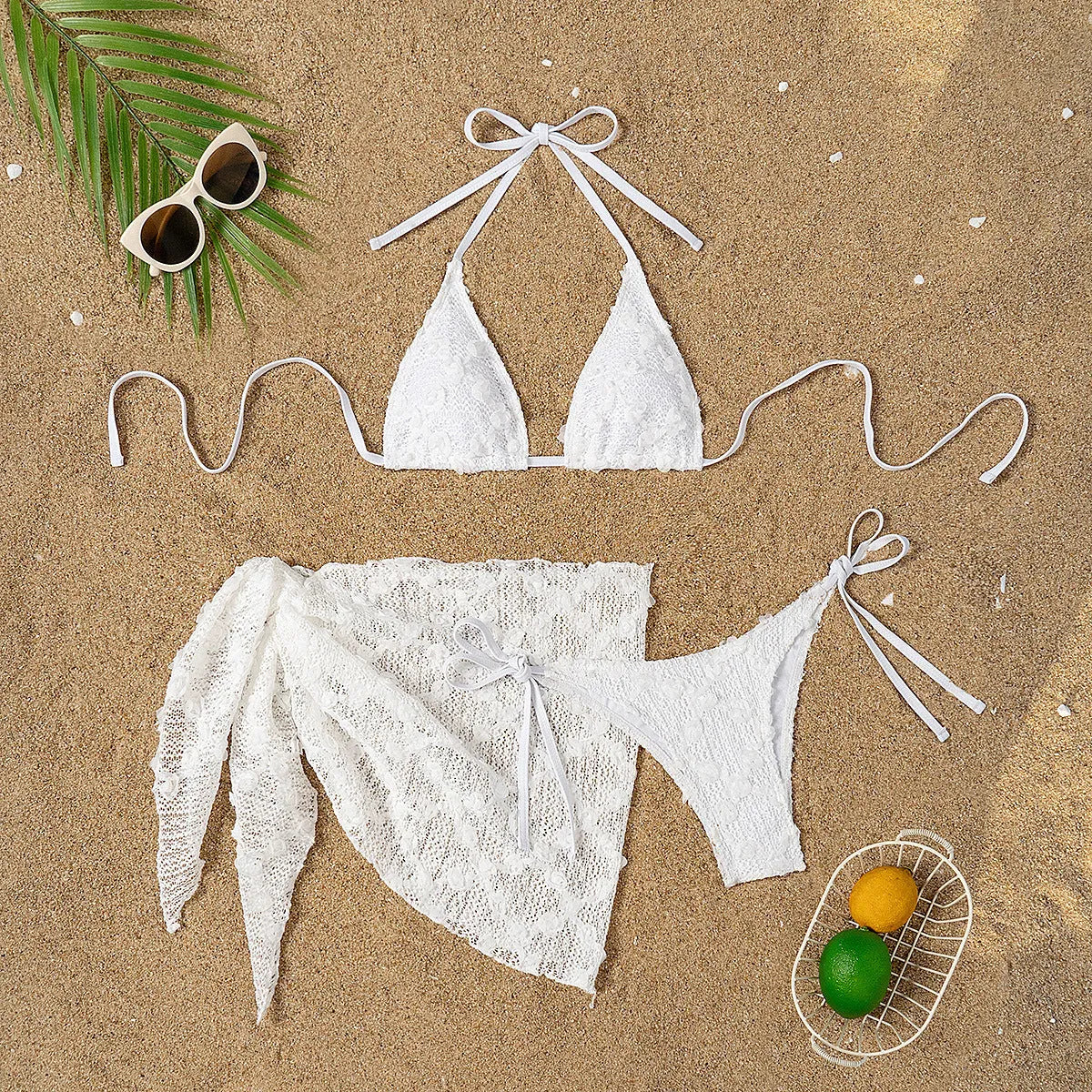 White women's split bikini swimsuit with mesh halter neck, three-piece set with suspenders, trunks, and apron, sizes S M L