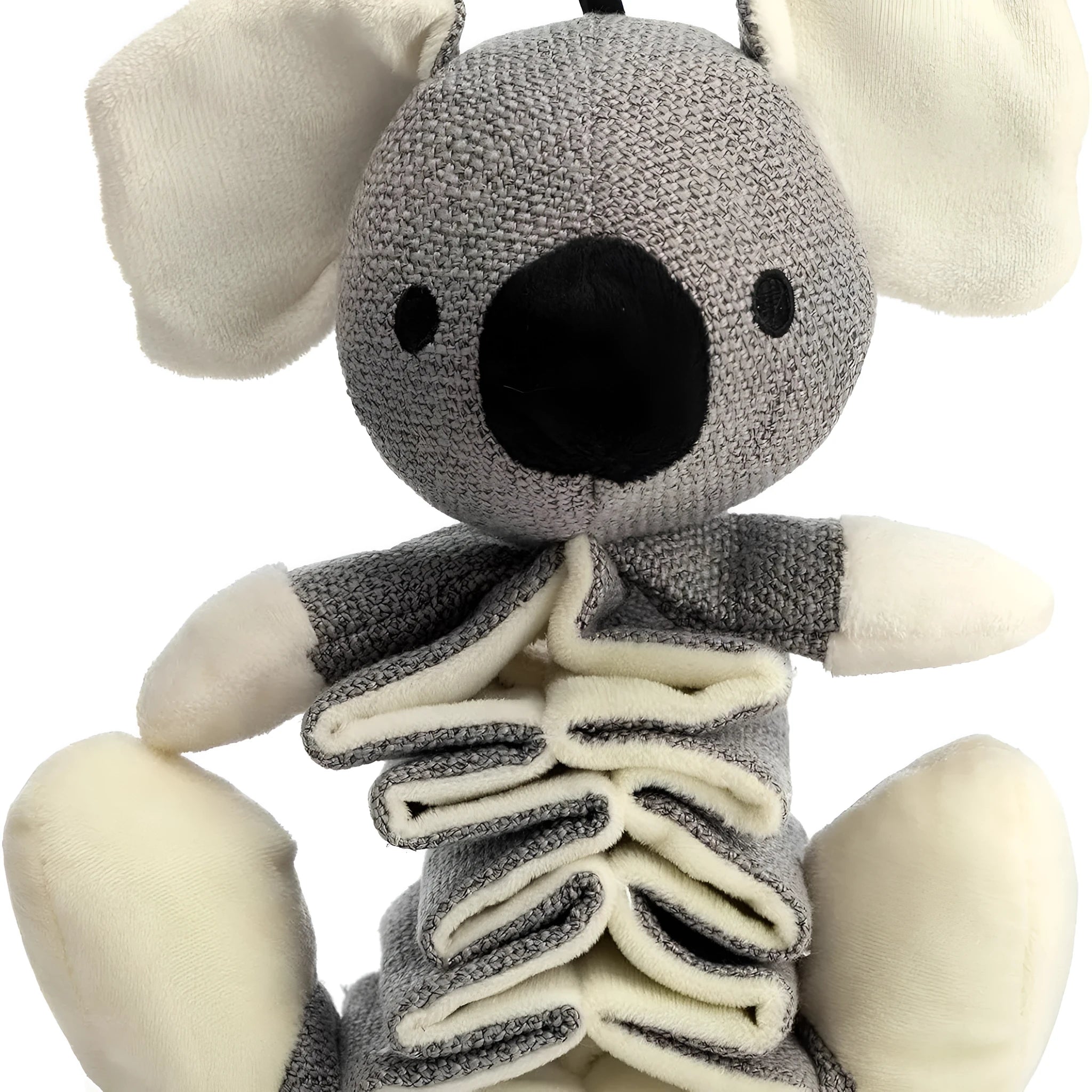 Hollypet grey koala plush dog toy measuring 30cm with squeaker and crinkle paper.