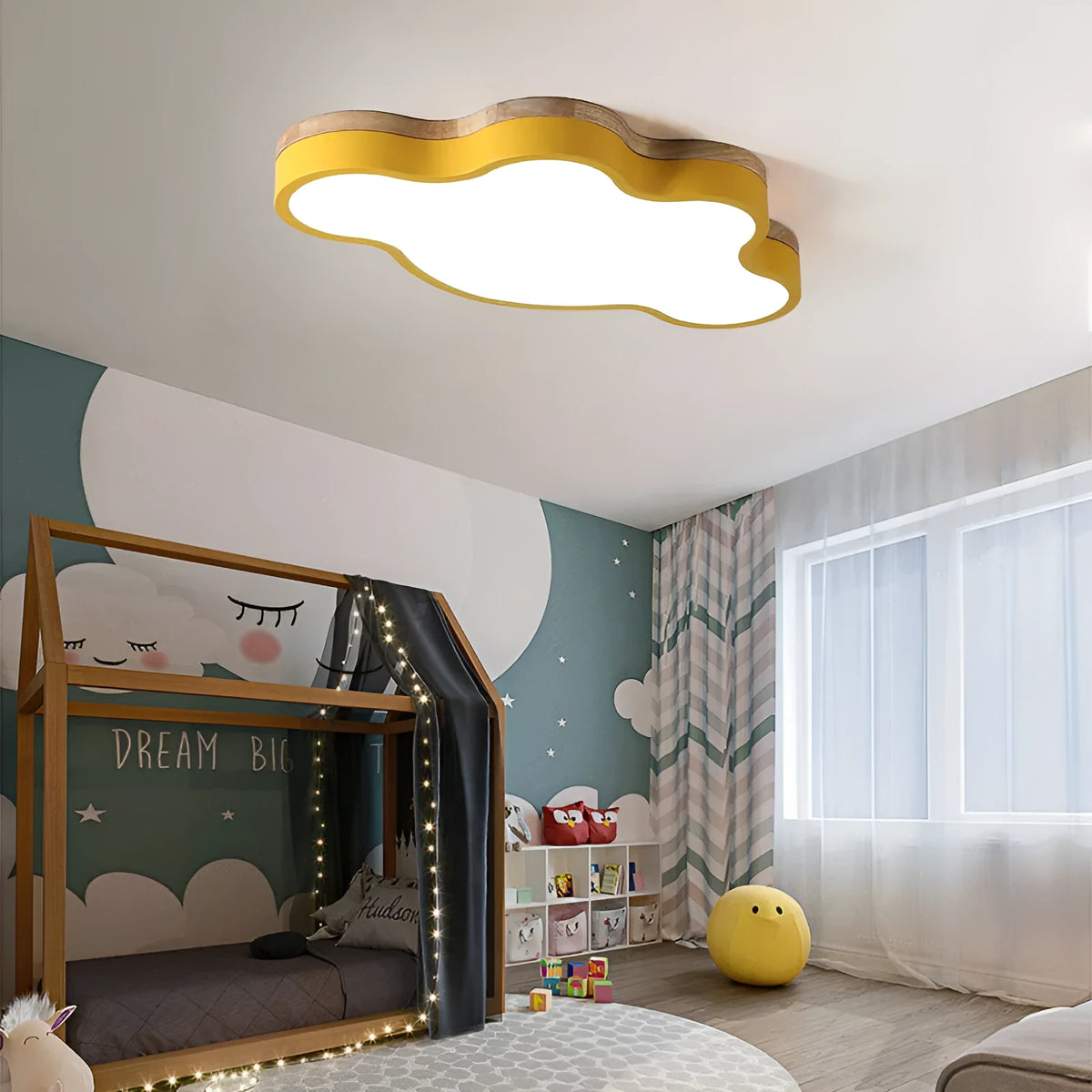 Cloud LED ceiling lamp in 50x25cm 24W or 63x35cm 33W with wooden colour finish for bedroom or study